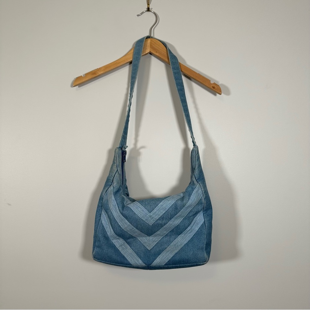 Y2K Style Vintage Denim Chevron Pattern Bag with Quilted Interior Baguette Bag